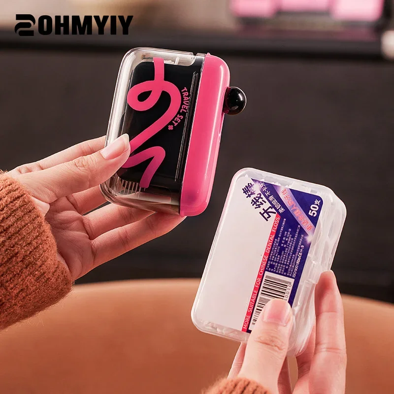 

50PCS Floss Dispenser Automatic Ejectable Floss Organiser Oral Care Press-on Disposable Flossing Sticks Refillable Storage Box