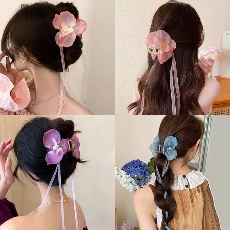 Elegant Floral Orchid Hair Claw Clip Vintage Ribbon Long Tassel Hairpin Barrettes Girl Korean Ponytail Hair Accessories Headwear