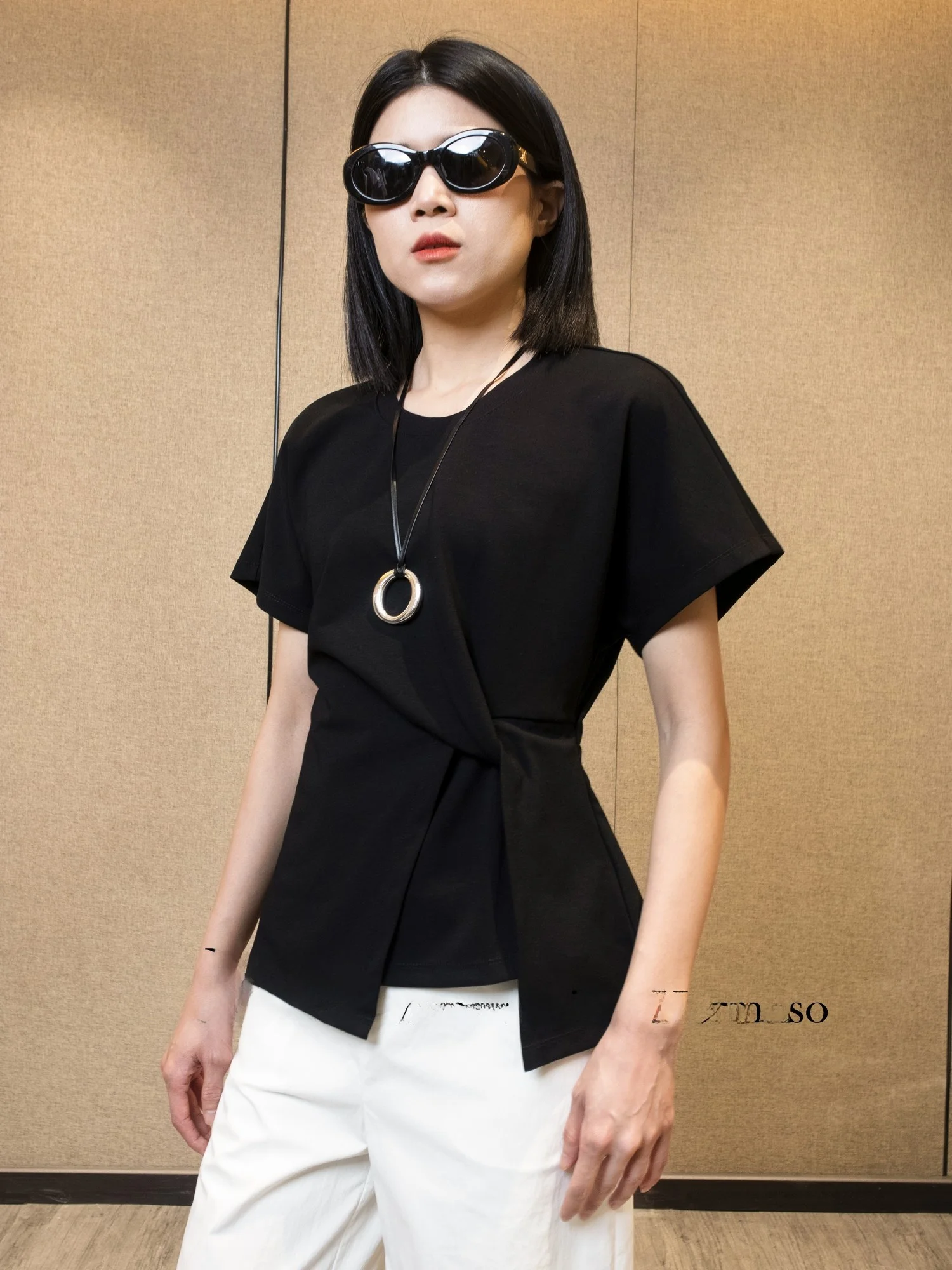 

ABH Women's ort Sve T-irt Bla round Ne Knot Waist Asymmetric Hem Commute Sle Cotton Polyester Blend Summer Wear