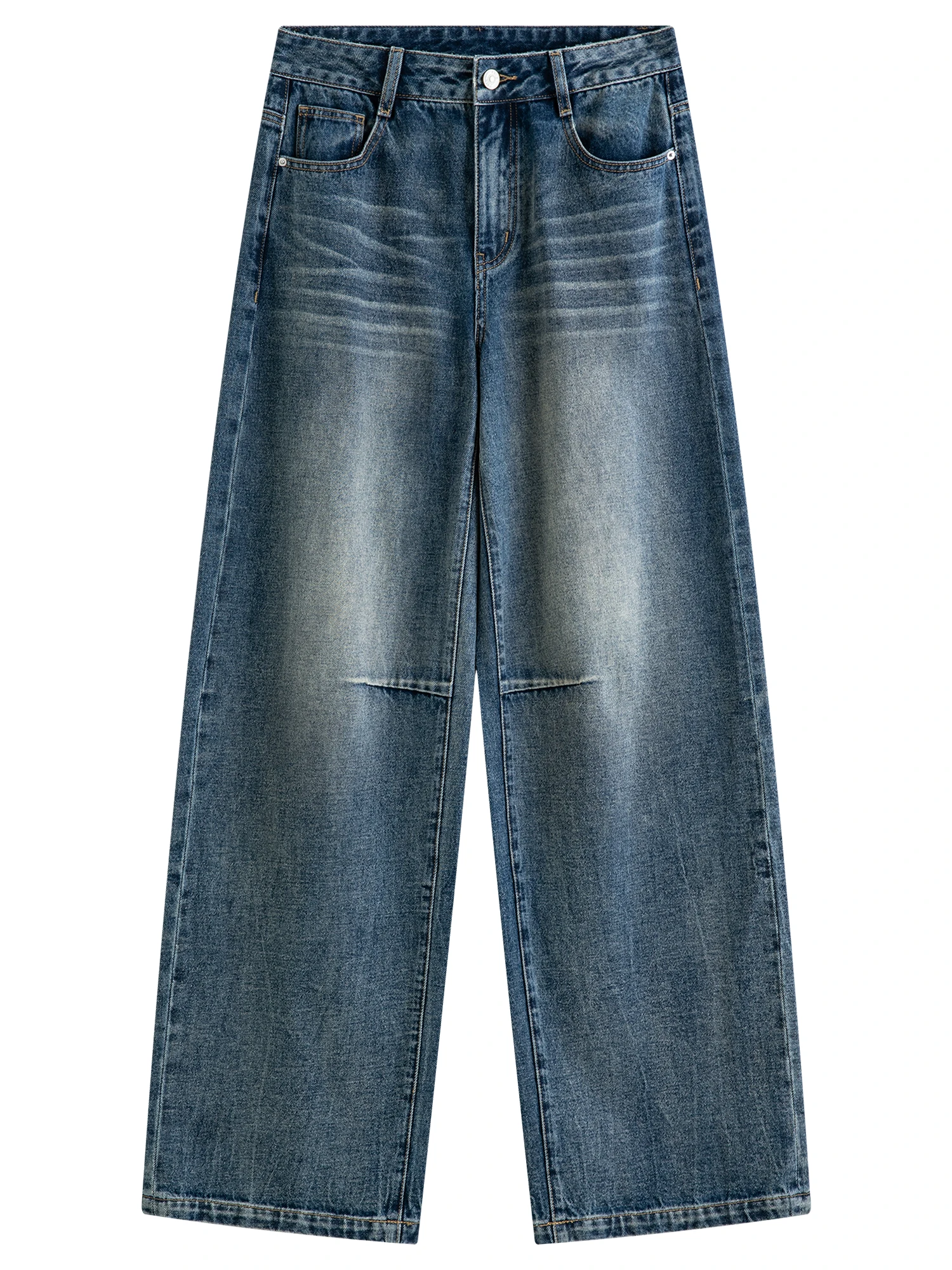 FSLE Women Vintage Washed Distressed High Waist Straight Wide Leg Jeans Leg Elongating Retro Denim Pants Casual Street Commute