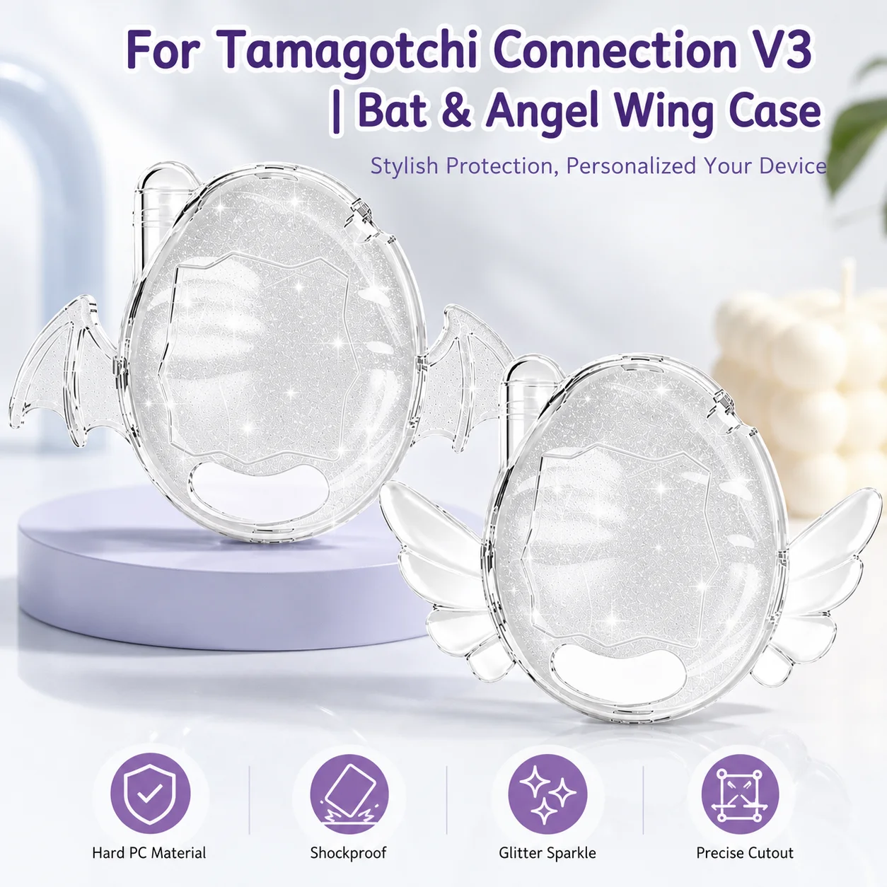 Clear Glitter Protective Case For Tamagotchi Connection V3 Cartoon Angel Bat Wing Anti-drop Shell Anti-Scratch Full Cover