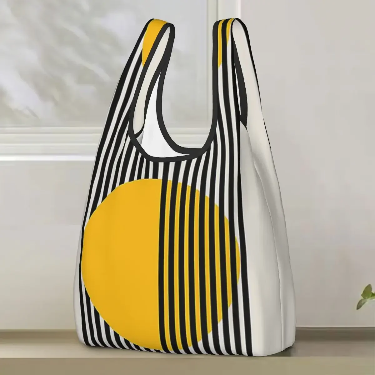 Bauhaus Exhibition Print, Wall Art Yellow Circle Wall Dec Portable Tote Bags Foldable Shoulder Shopper Bag Groceries Handbag