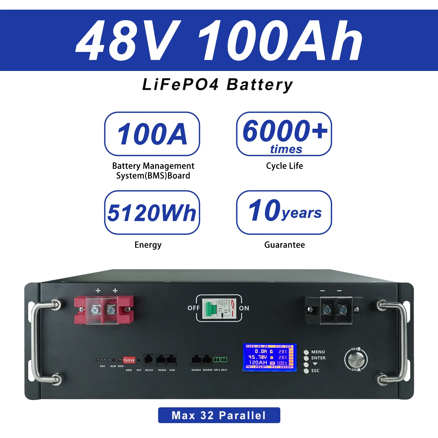 LiFePO4-batería de litio de 48V, 100Ah, 51,2 V, 200Ah, 120AH, 50Ah, más de 6000 ciclos, para casa, RV, Solar, fuera de la red, sin impuestos