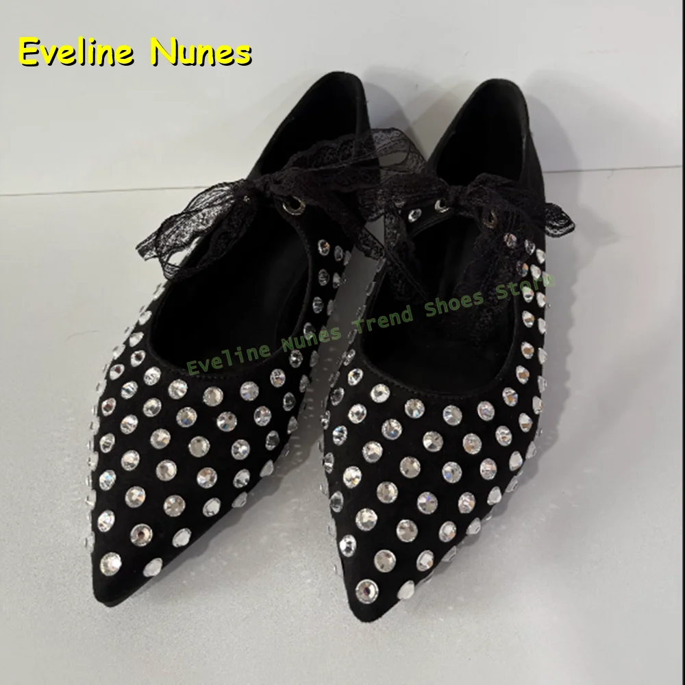 

Black Lace Lace-Up Rhinestone Pumps Pointed Toe Chunky Heels Shallow Solid Elegant Women Dress Shoes Casual 2025 Autumn Trend