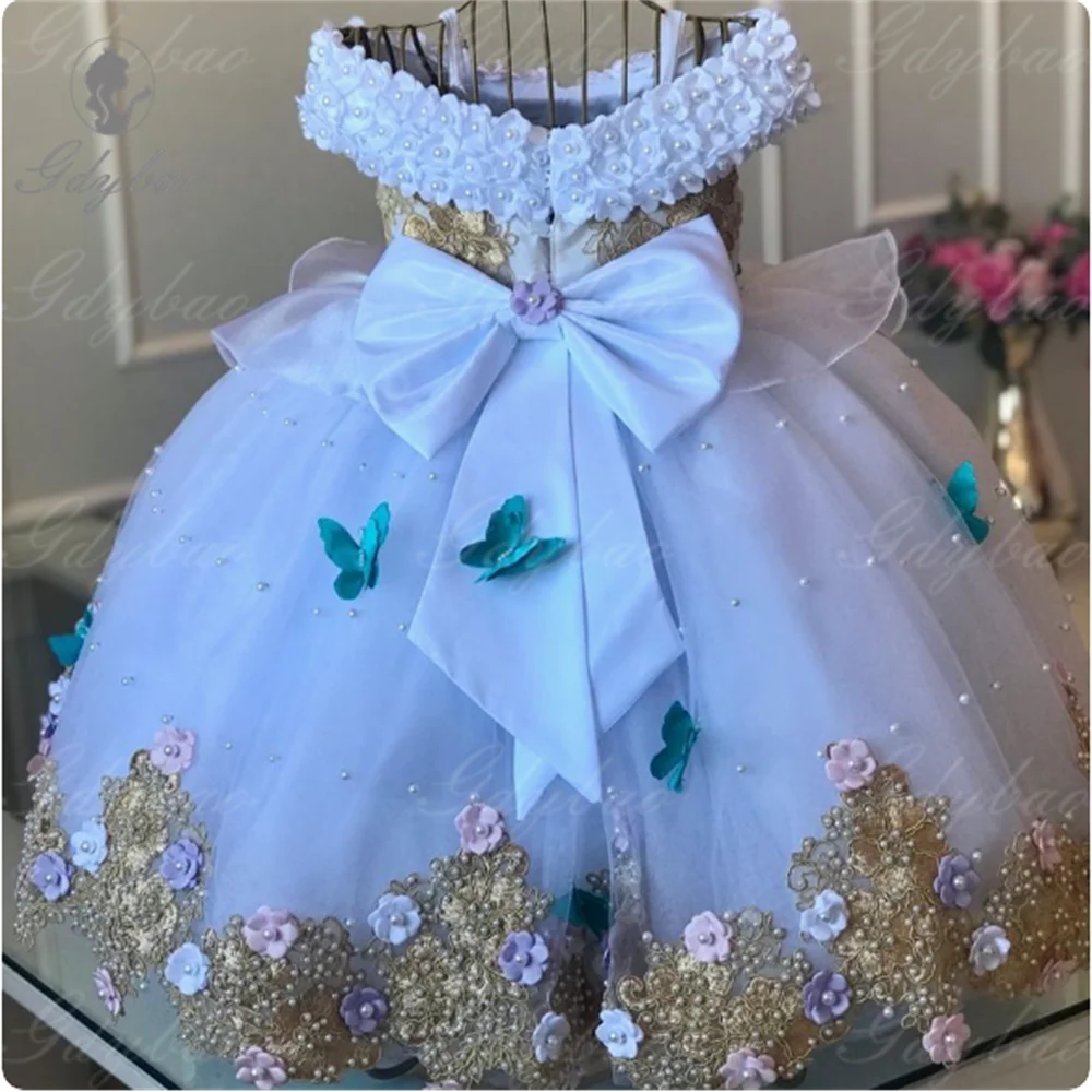 

Baby Thin shoulder straps Pearls Toddler Flower Girl Dresses Off Lace Butterflies Flower Princess Dress Infant First Birthday