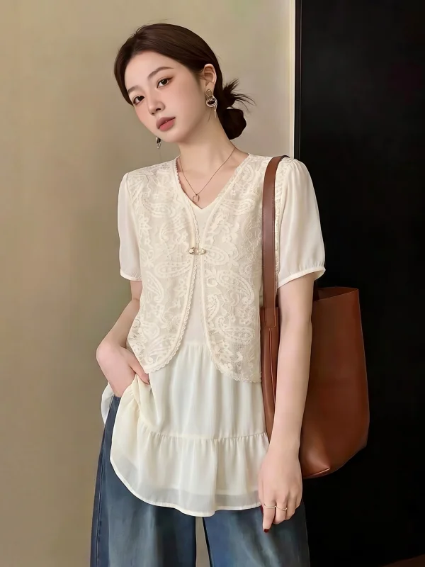 

New Chinese Style National Trend Lace Vest Short Sleeve Women's T-shirt Summer 2026 plus Size Big MM Fake Two-Piece Top