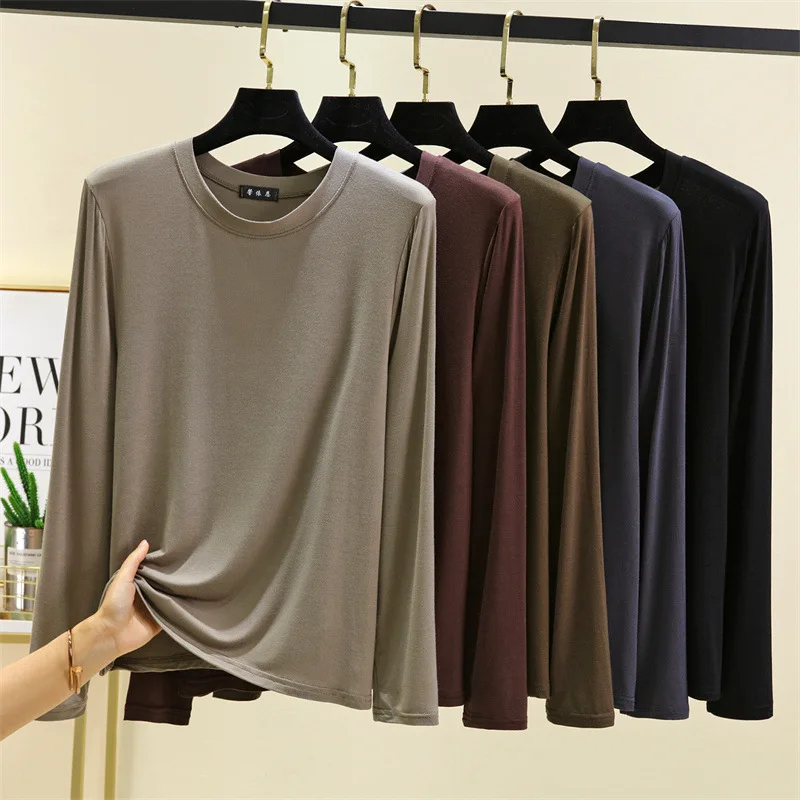 

Loose Long Sve Modal T-irt Women's Thin Pure Color plus Size Autumn Winter New Sle Base irt Korean Sle Commute Wind