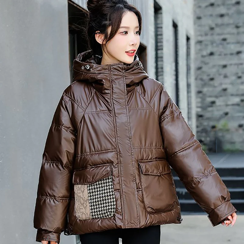 2023 Winter Women Loose Short Cotton Coat Hooded Spliced Drawstring Fashion High Street Parkas Female Thicken Bread Jacket