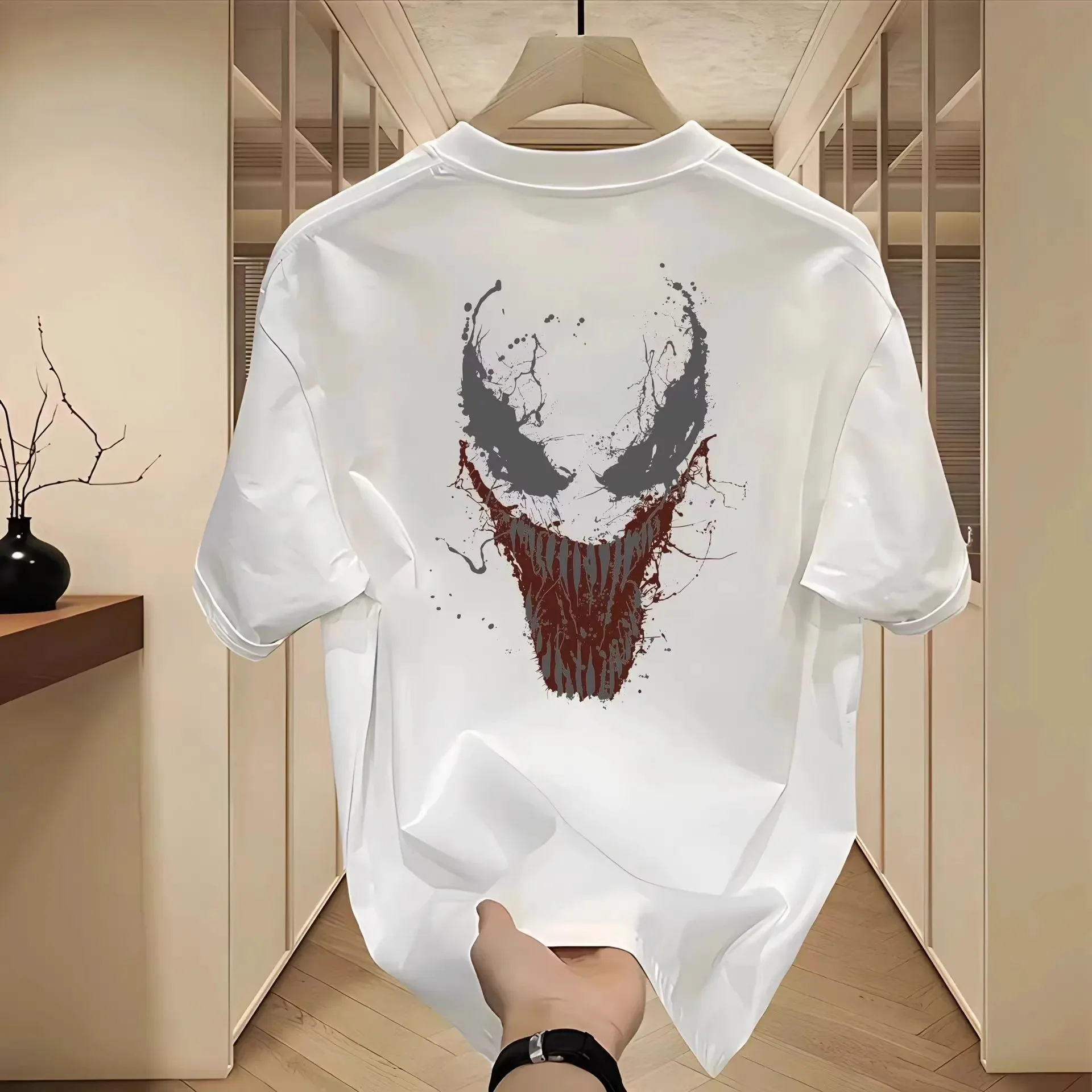 Kids Fashion Brand Small Neckline Black Crew Neck Trend Half Sleeve Base Shirt Summer Marvel Venom Print Short Sleeve T-shirt