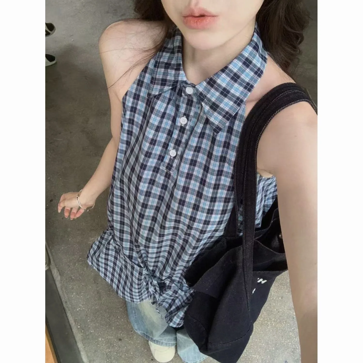 Kimotimo Summer Plaid Off Shoulder Sleeveless Shirt Women Drawstring Waist Slim Lapel Tops Korean Chic Retro Sweet Y2k Blouses