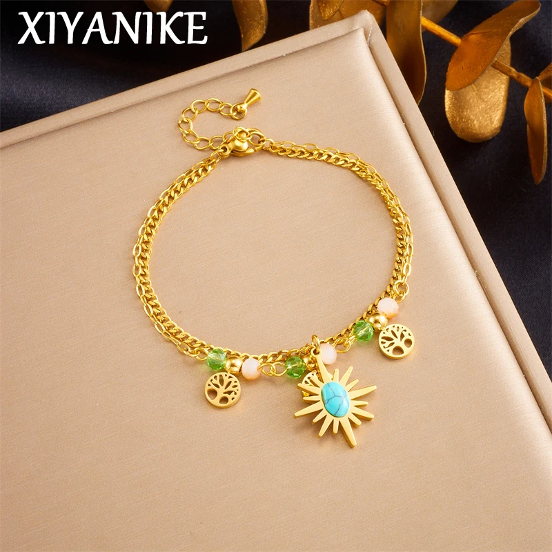 XIYANIKE 316L Stainless Steel Gold Color Tree of Life 2 Layers Bracelet for Women Luxury Blue Stone Bangle Party Jewelry Gifts