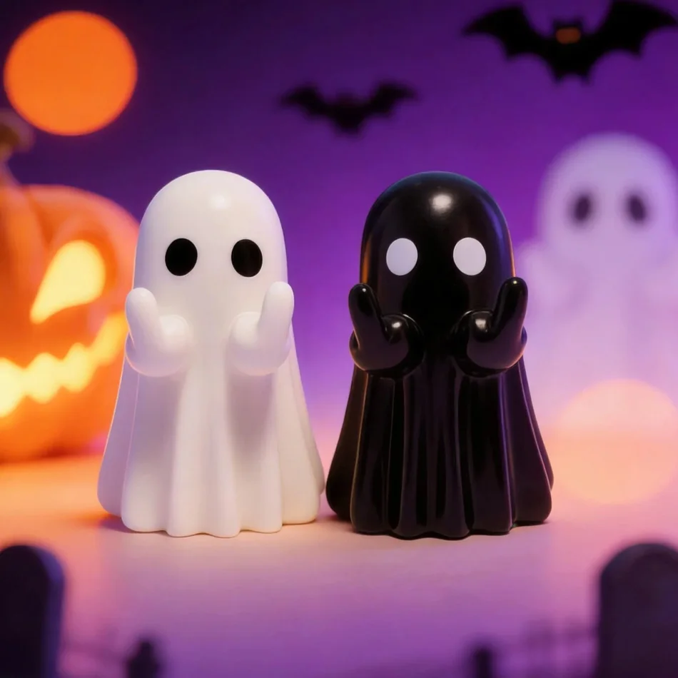 PVC Black & White Ghost Figurine, Halloween Decor Ornament, Cute Mini Ghost, Spooky Holiday Gift Toy 8cm
