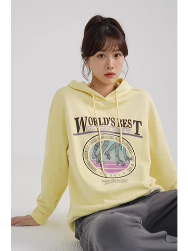 Loose Fit Graphic Hoodie Women Casual Pullover Sweatshirt Letter Print Drop Shoulder American Style Hooded Top Spring Streetwear