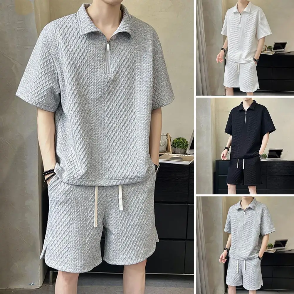 Men Activewear Set Men's Casual Outfit Set Zipper Half Placket T-shirt Drawstring Wide Leg Shorts in Solid Color Waffle Texture