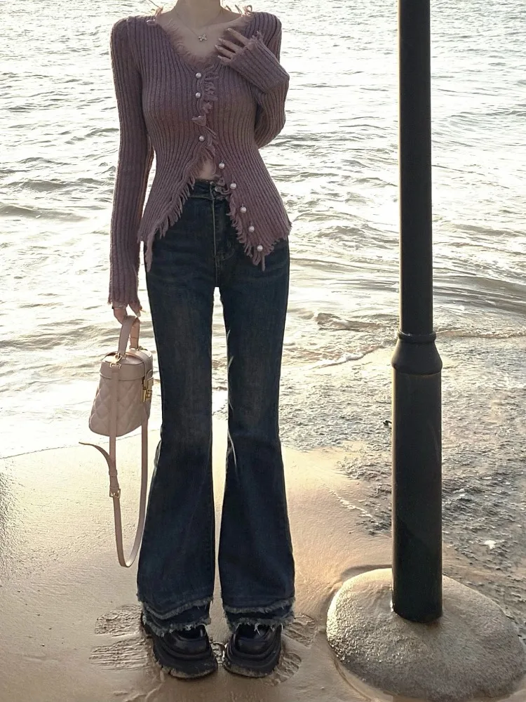Y2k Clothes Kawaii Knit Cardigan Women Jumper Slim Sweater Raw Edge V-neck Long Sleeve Spring Autumn Coat Korean Chic Crop Top