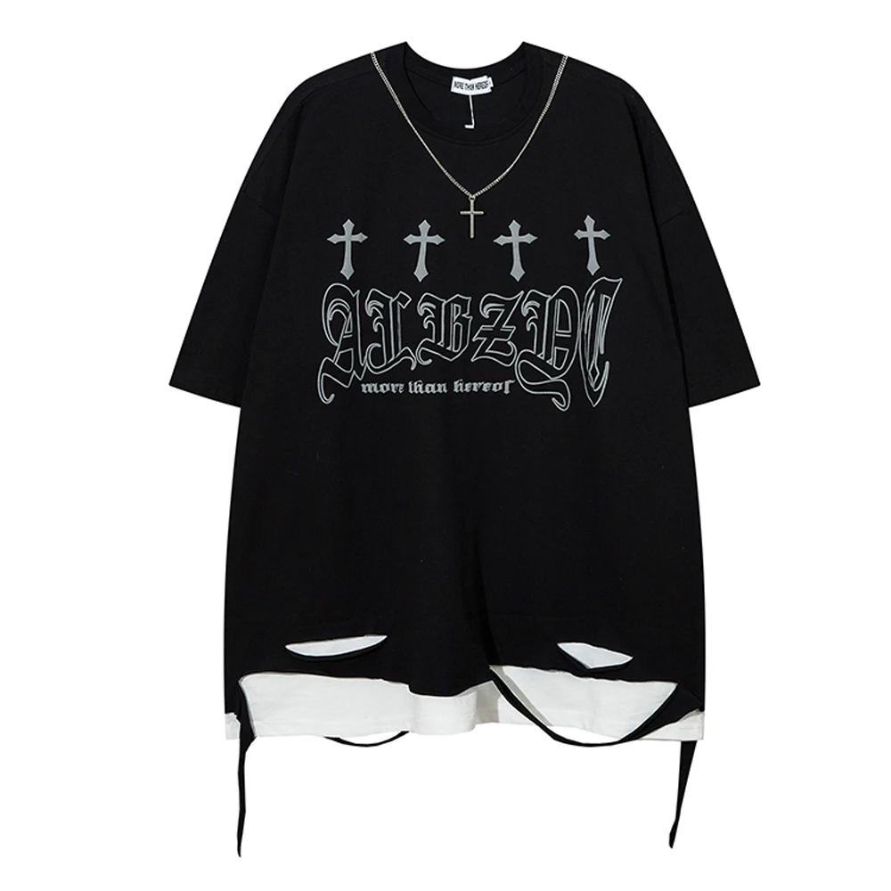 Oversiz T Shirt for Men Clothing Short Sleeve Streetwear Black Letter Print Graphic Y2k False Two-piece Hip Hop Rap Summer Tops