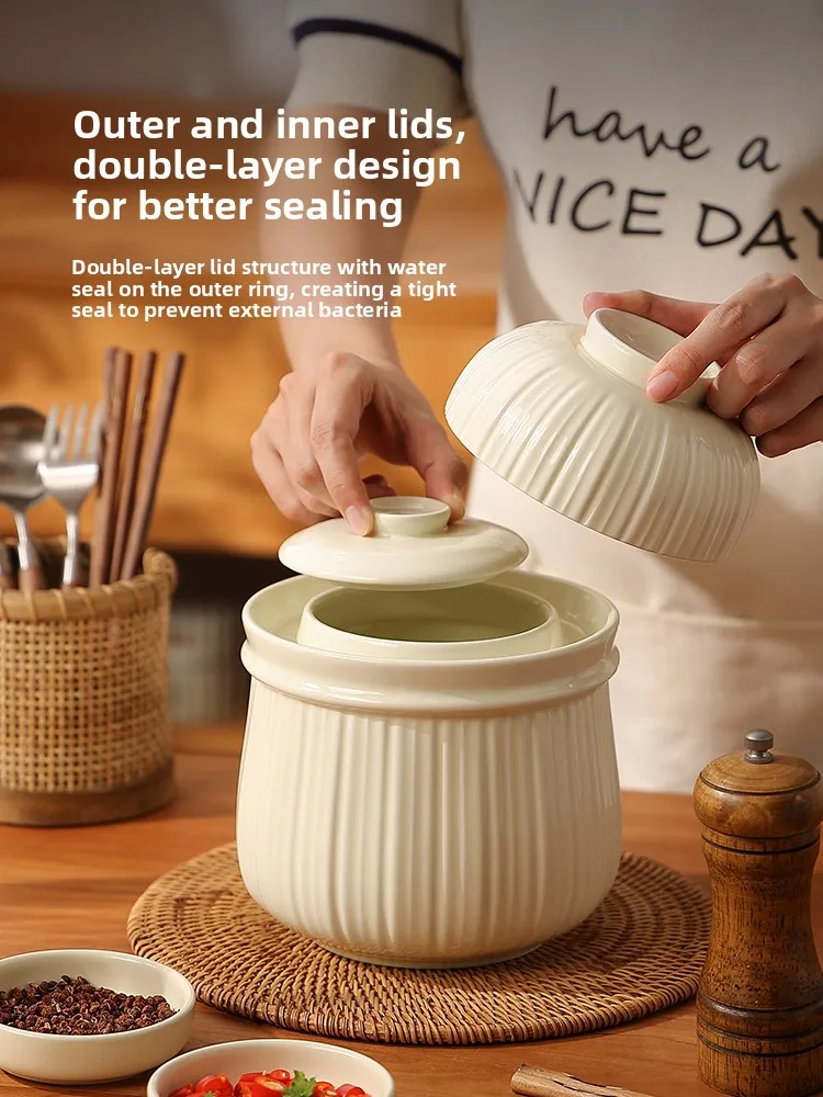 

Home Use Ceramic Kimchi Storage Jar Sealed Container with Inner Lid for Pickled Cabbage Preservation Korean Style Kitchenware