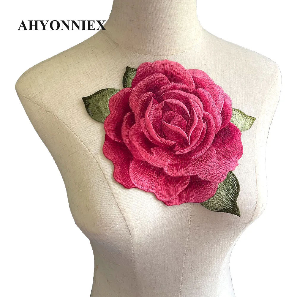 1 Piece AHYONNIEX Round Peony Flower Sew On Sticker for Clothing High Quality Embroidery Floral Patches For Costume Clothes