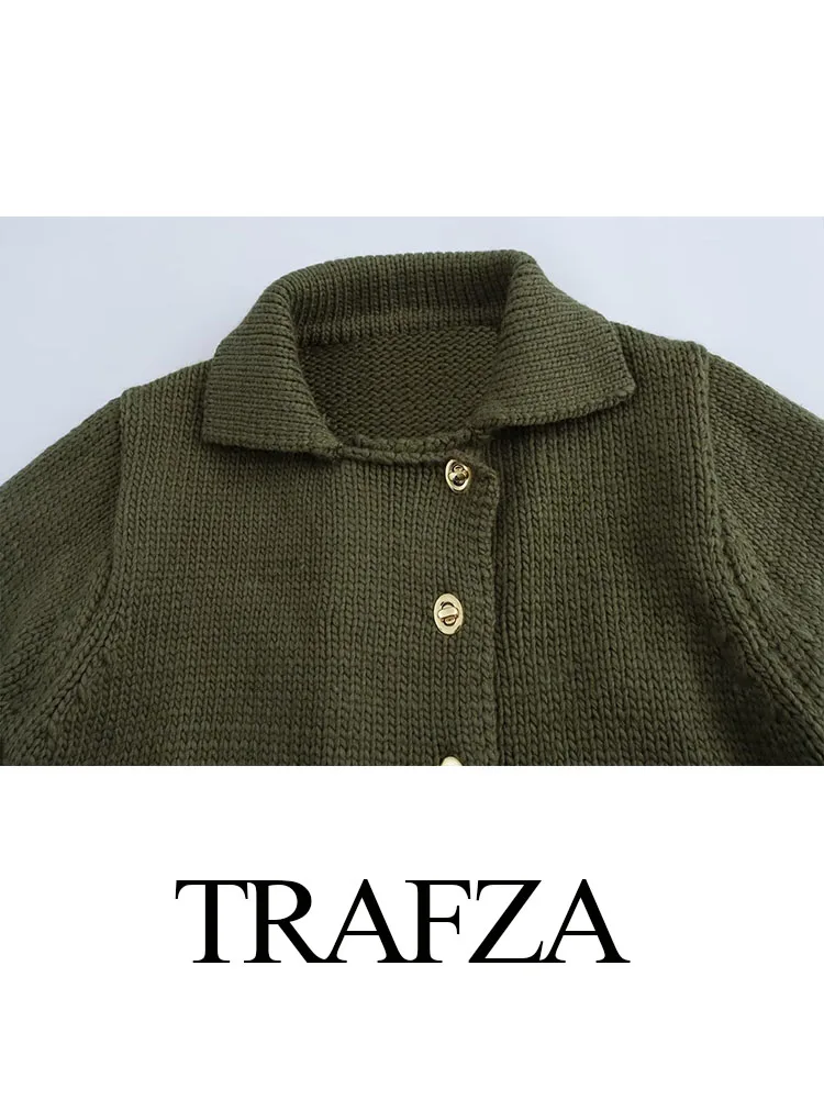 TRAFZA Women 2 Piece Set Elegant Lapel Single Breasted Decorate Long Sleeves Knitted Cardigan+High Waist Texture Slim Mini Skirt
