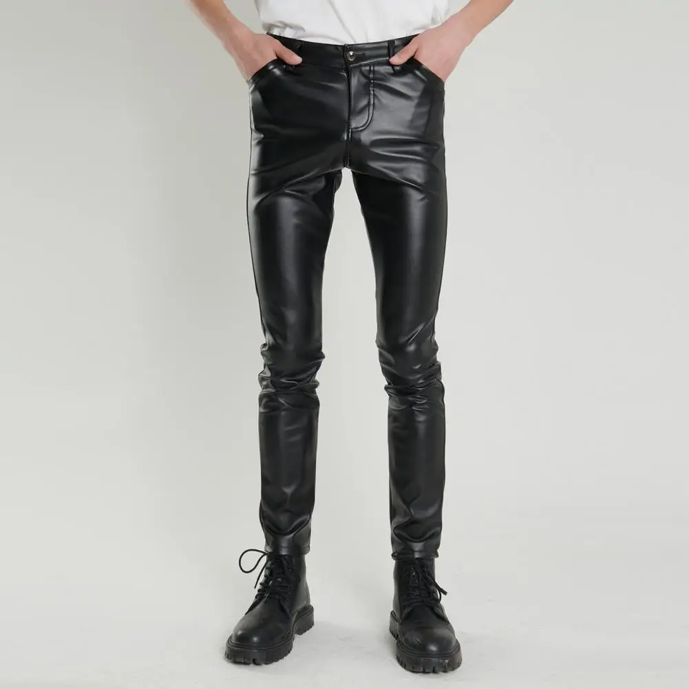 Men Pants Leather Smooth Solid Color Slim Fit Pockets Mid Waist Soft Breathable Elastic Motocycle Streetwear Club Long Trousers