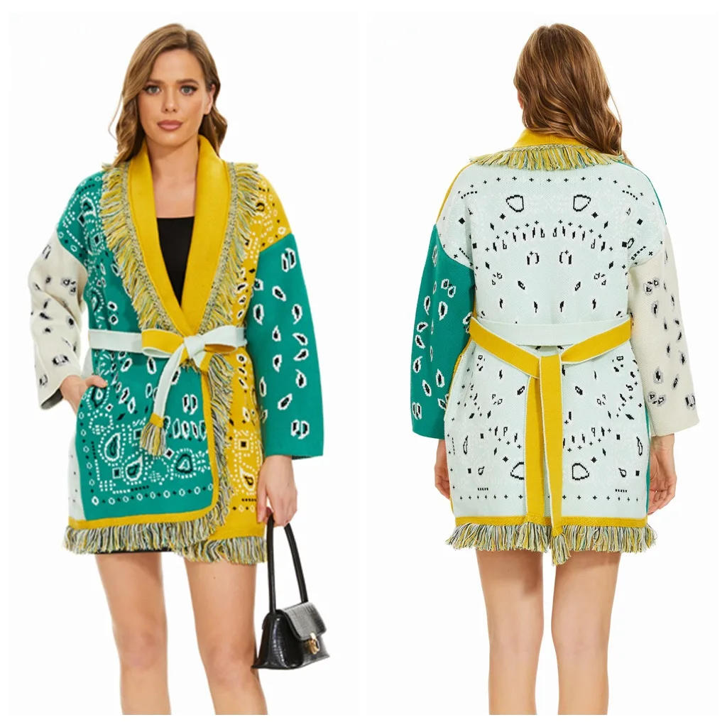 

Autumn Winter Loose Women's Knitted Cardigan Sweater Ethnic Sle Floral Embroidery Belted Mid-Length Open Front Coat