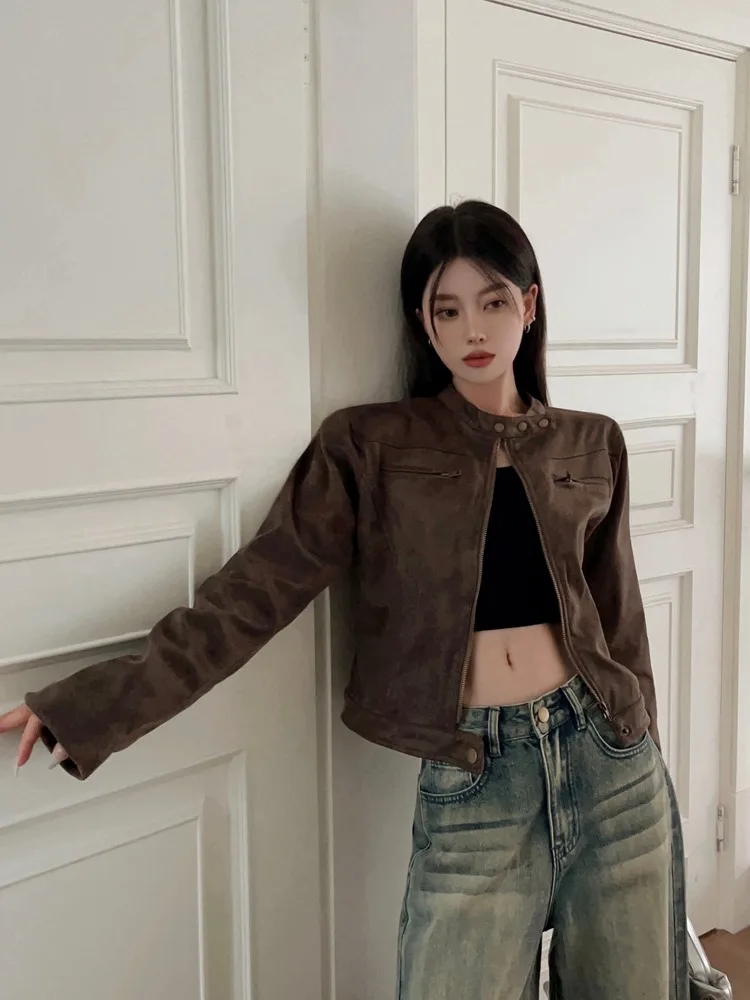 Automne 2025 nouveau Sle Hot Girl Slim Fit américain rétro marron peau de cerf velours cuir Jaet femmes ort moto Jaet