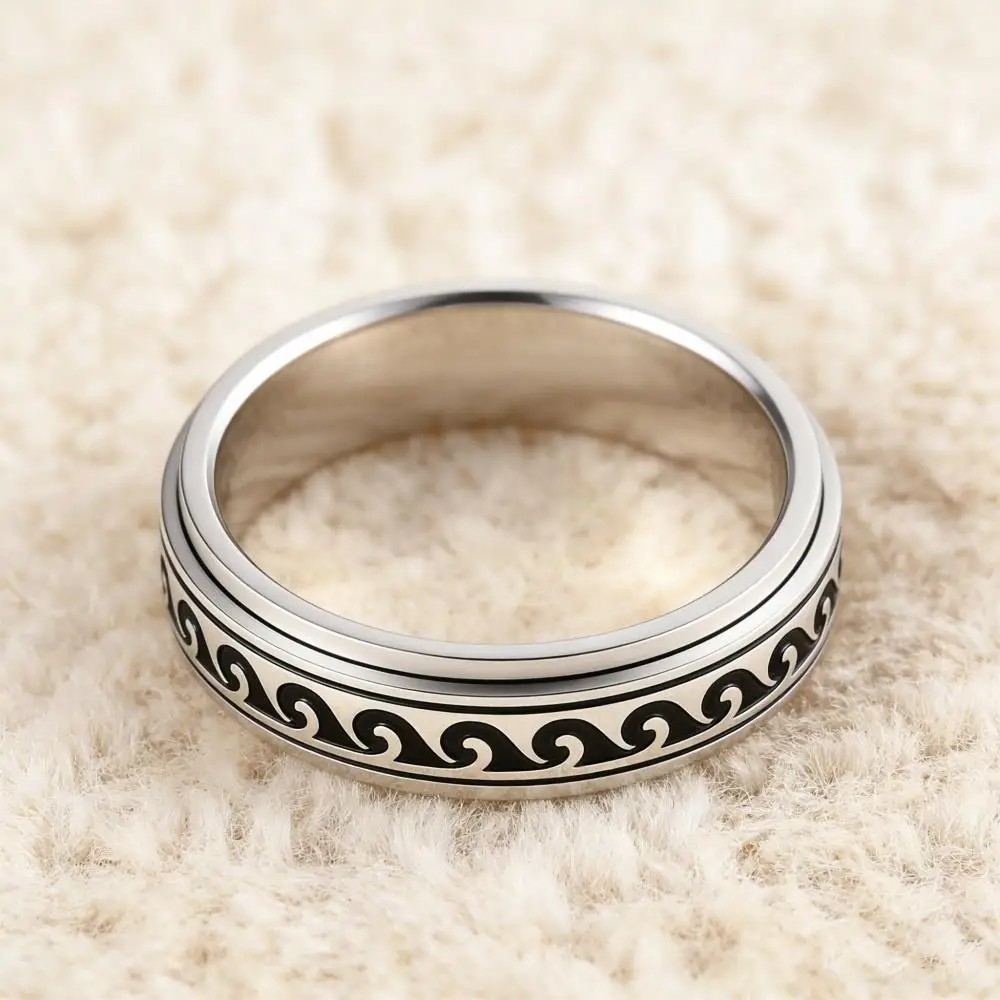 Rotating Ocean Wave Stainless Steel Spinner Rings For Men Antique Silver Color Enamel Male Engagement Wedding Bands Jewelry