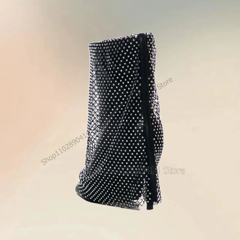 Black Mesh Rhinestone Decor Turned Over Peep Toe Boots Slip On Women Shoes Thin High Heels Sexy Fashion 2023 Zapatos Para Mujere