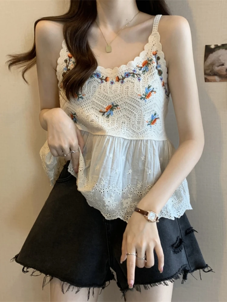 

Slimming Lace Crop Top Women's Summer Outfit Large Size Conceals Belly Design Sleeveless Vest Breathable Short Length