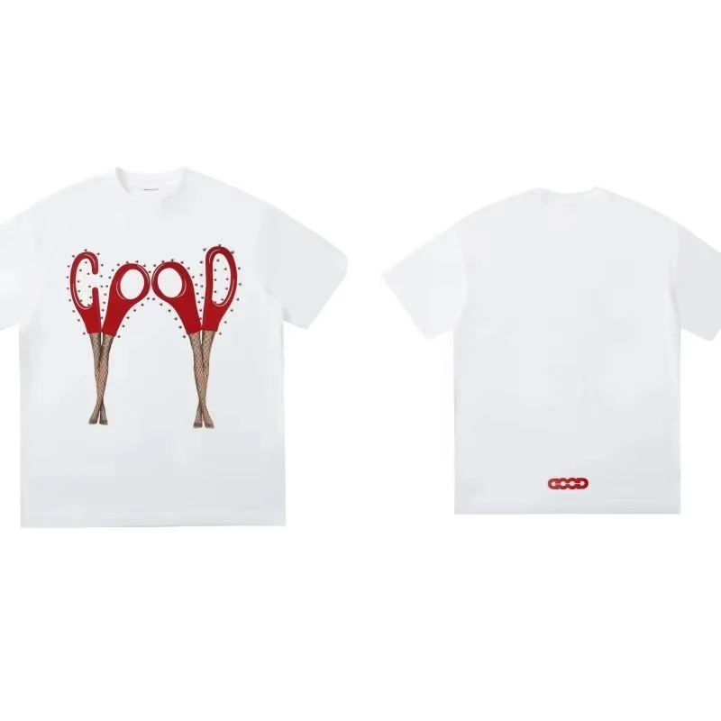 

2025 Summer New Loose retro couple half-sleeved American high street round-neck T-shirt and charming scissor leg printed T-shirt