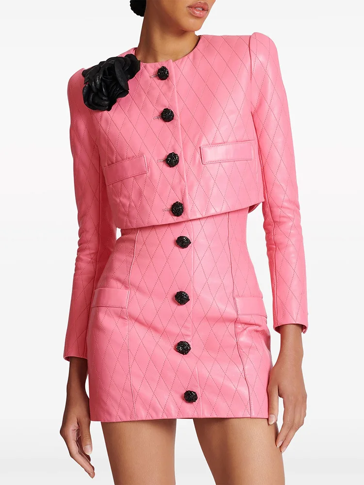 Pink Leather Cropped Jacket Outfit for Women Wedding 2024 Designer Rose Buttons Flowers Diamond Pattern Leather Short Jacket