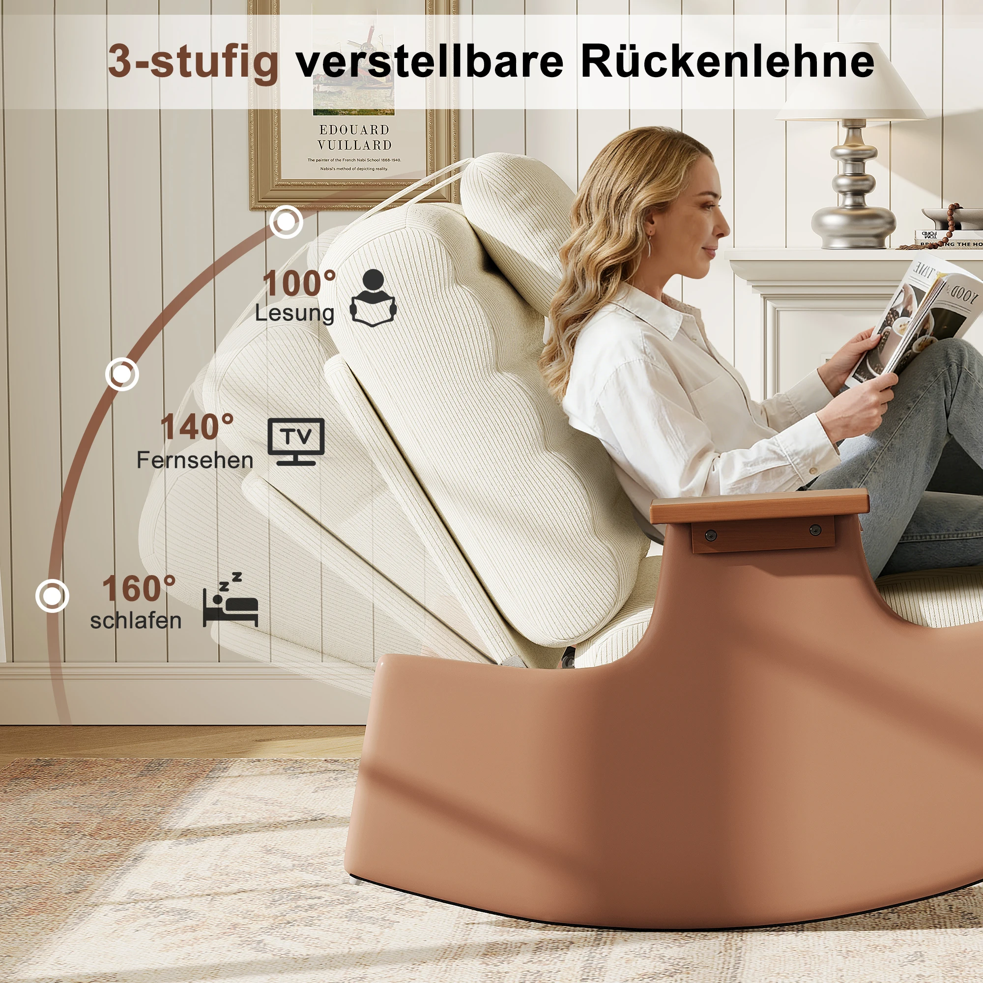 Fauteuil à bascule Anajqaqia, dossier réglable à trois vitesses, fauteuil inclinable avec ottoman, velours côtelé/velours d'agneau beige