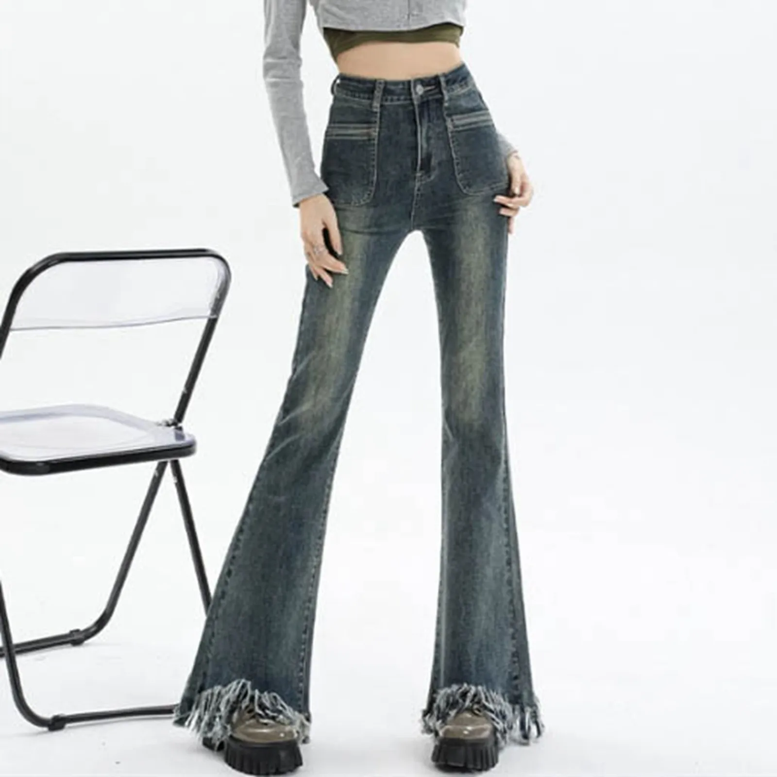 

Spring Woman High Waist Vintage Flare Jeans Girls Korean Y2k 2024 Bell Bottom Pants Female Streetwear Gray Blue Denim Trousers