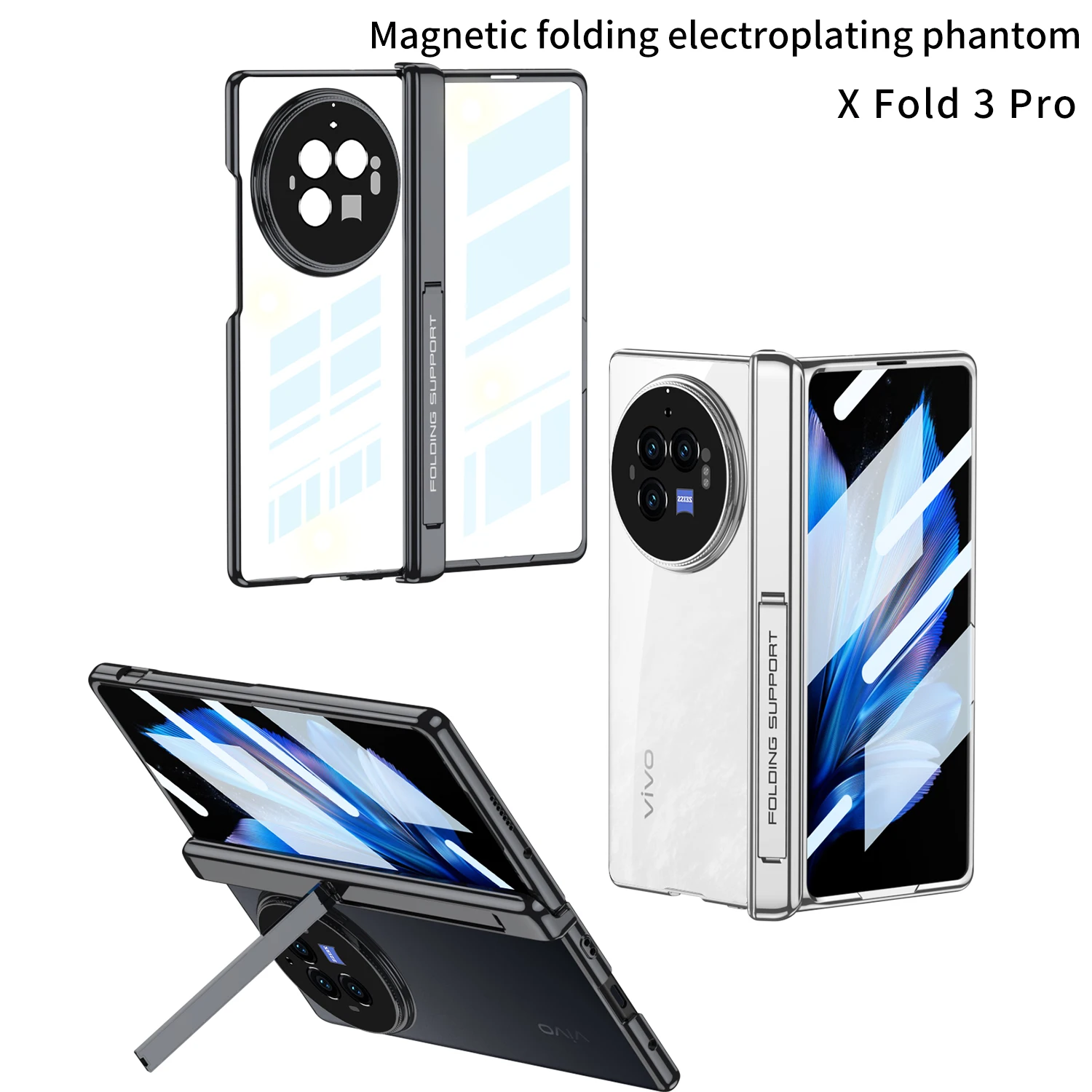 

Luxury Electroplating Transparent Folding Hinge Side Bracket Case for Vivo X Fold 3 Pro with Tempered Film Shockproof Hard Case