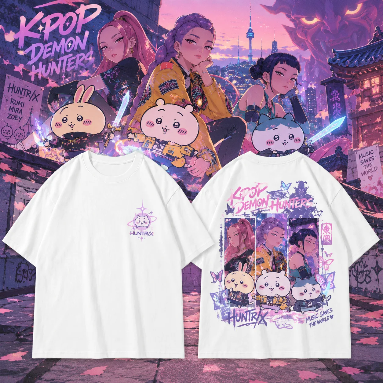 Men's Women's Kpop Chiikawa HUNTRIX Cute Girl Group Retro Cool Graphic Art Print Oversized Short Sleeve Streetwear Top