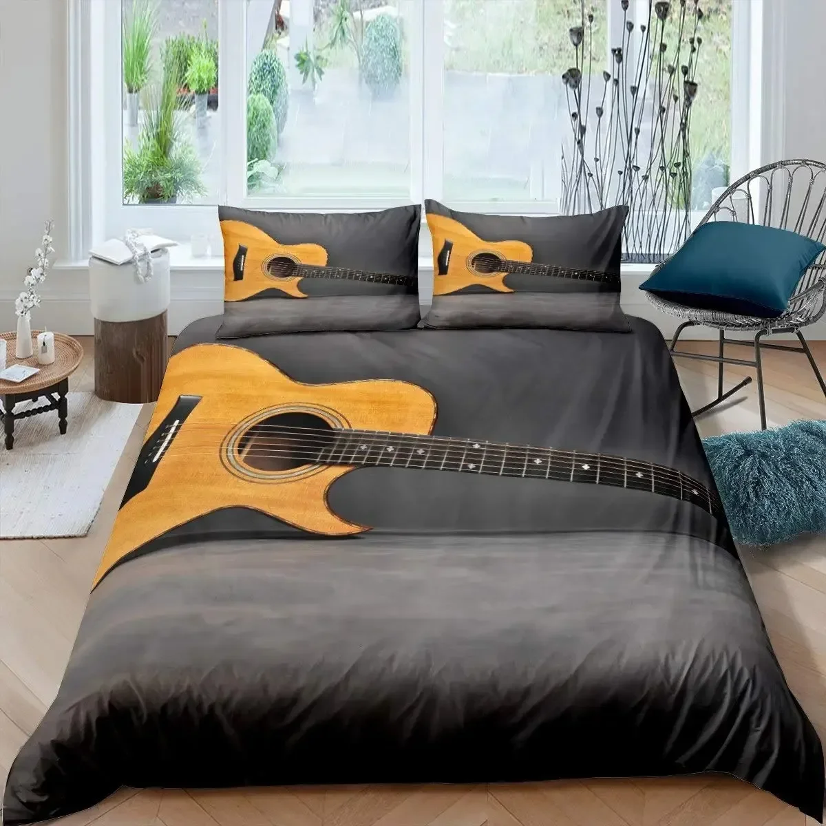 New Guitar Duvet Cover Set Music Theme Bedding Set Microfiber Vintage Grey Guitar on Wooden Floor Queen King Size Quilt Cover Se