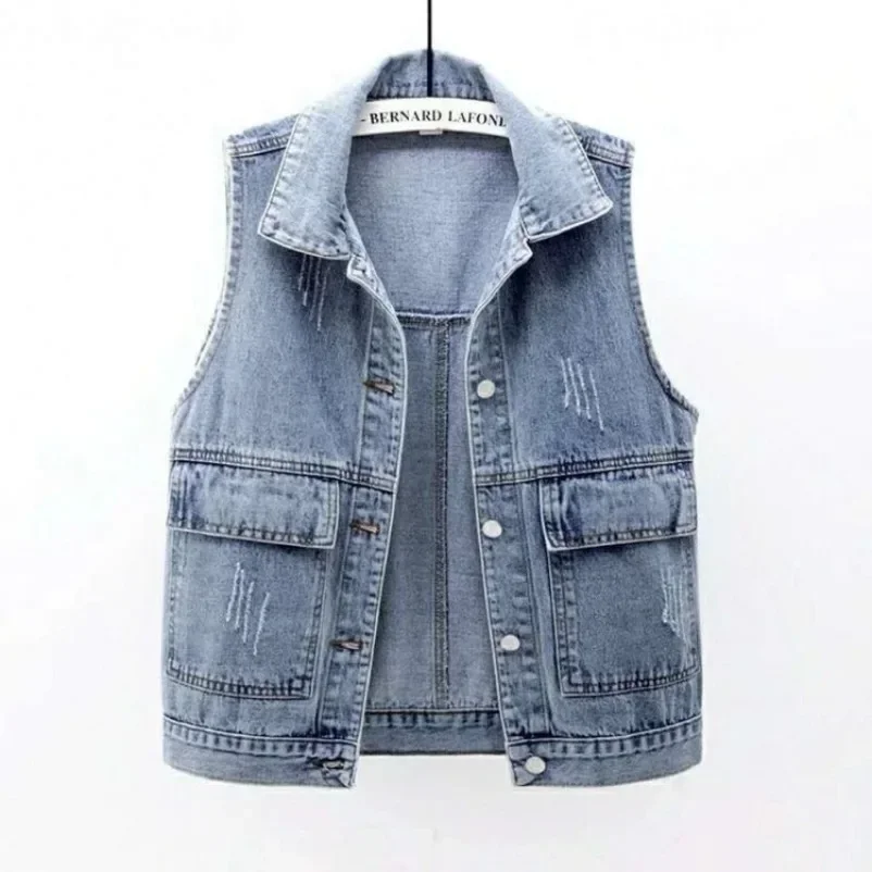 2024 Autumn Spring Loose Short Coat Causal Waistcoats Plus Size Women Denim Vest Fashion Ripped Blue Jeans Jacket Sleeveless TU