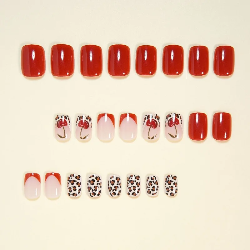 24 قطعة طرف فرنسي الكرز ليوبارد الأظافر وهمية الحلو حار نمط اضغط على الأظافر قصيرة مربعة الشكل الأوروبية الأمريكية الأظافر كاذبة netyp #2