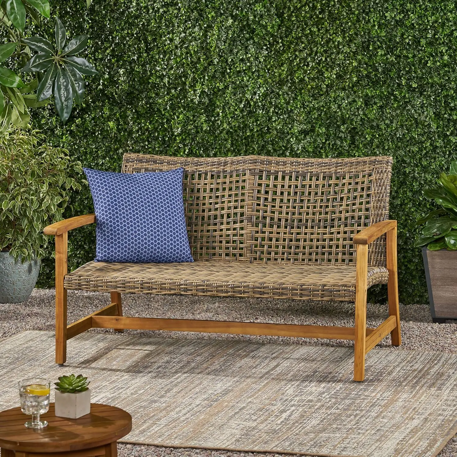 GDFStudio Outdoor Wood and Wicker Loveseat, Natural Finish with Gray Wicker