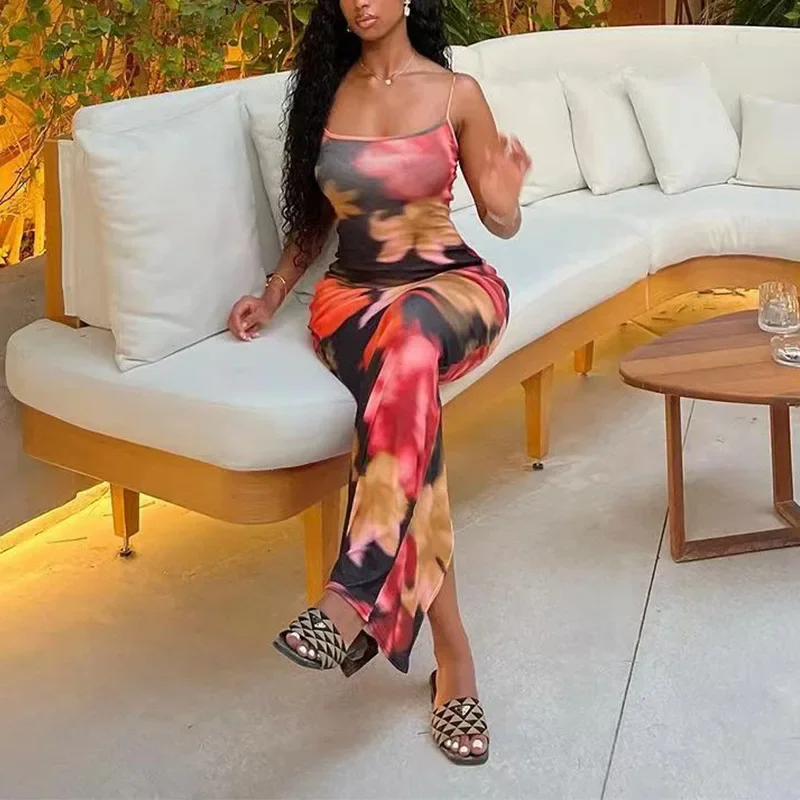 CPSYMYM Women Sexy Summer Sling Dress Vintage Sleeveless Backless Flower/Leopard Print Bodycon Long Dresses for Cocktail Party C