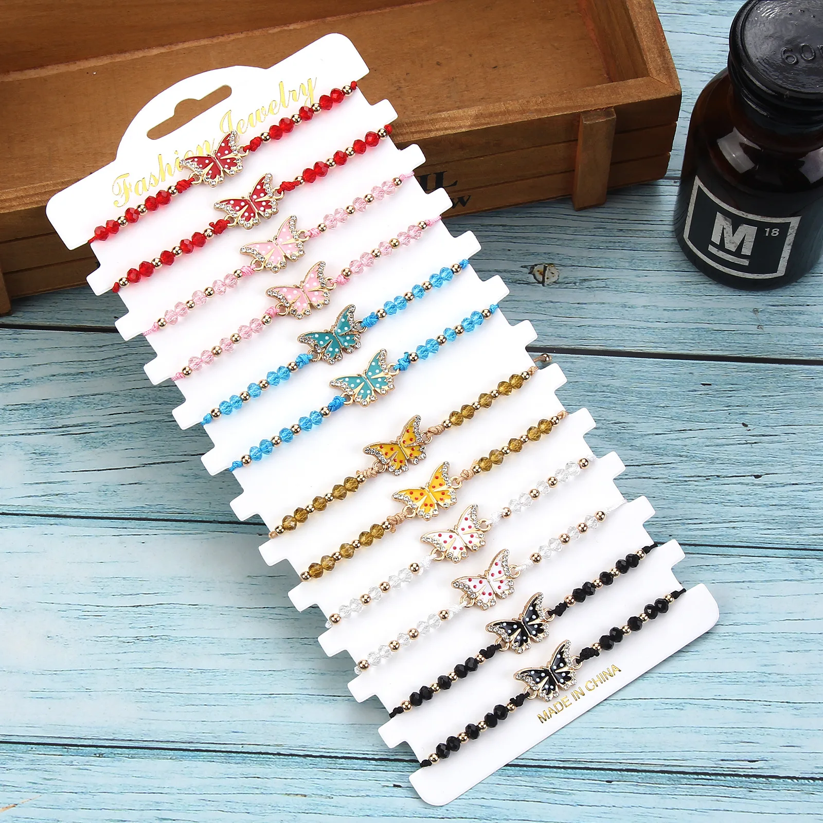 

Boho 12Pcs/Lot Crystal Beaded Rope Colorful Butterfly Pendant Charm Bangle Bracelet For Women Girl Handmade Weave Jewelry Gifts