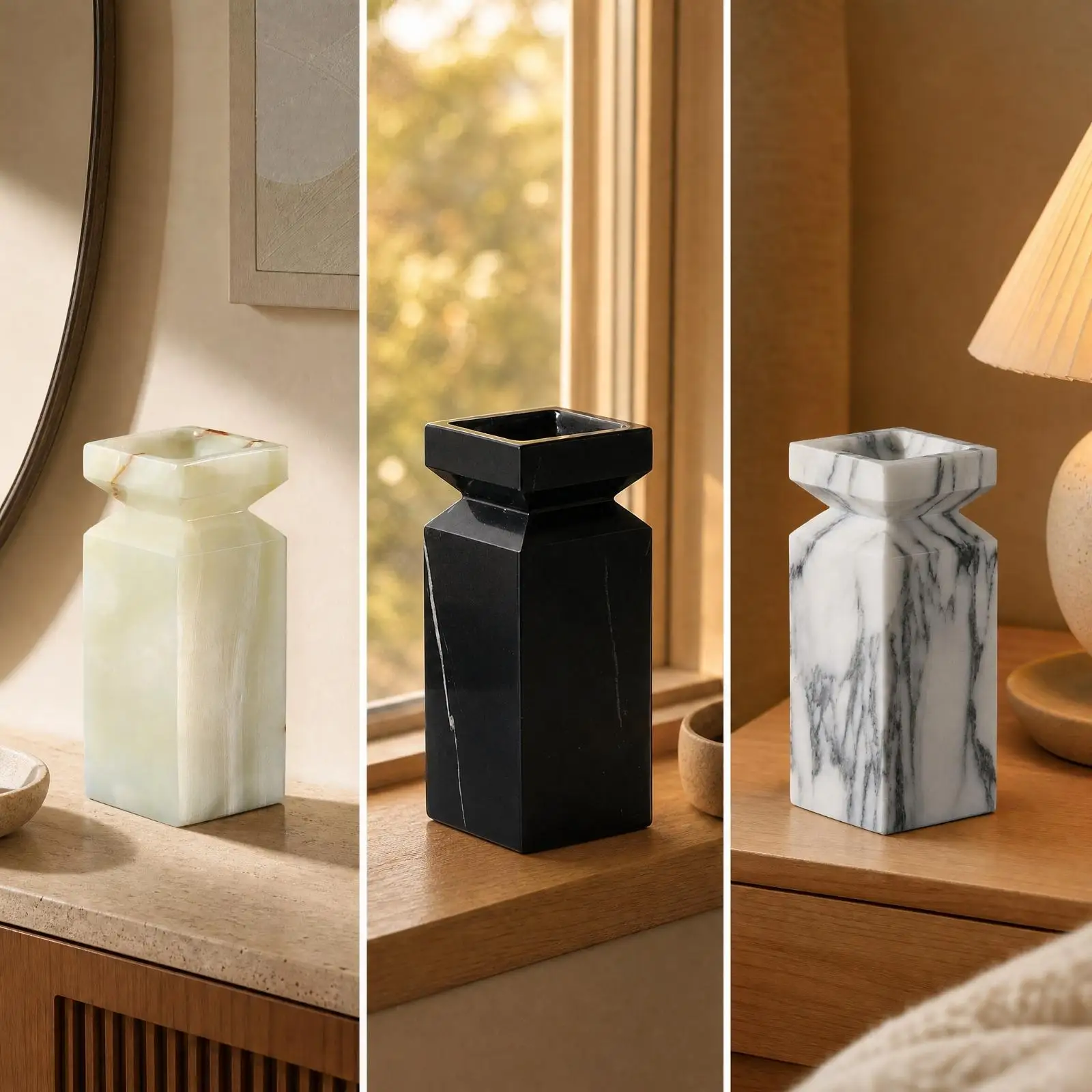 Polished Marble Vase for Fresh or Dried Flowers Square Opening Narrow Waist Interior Accent