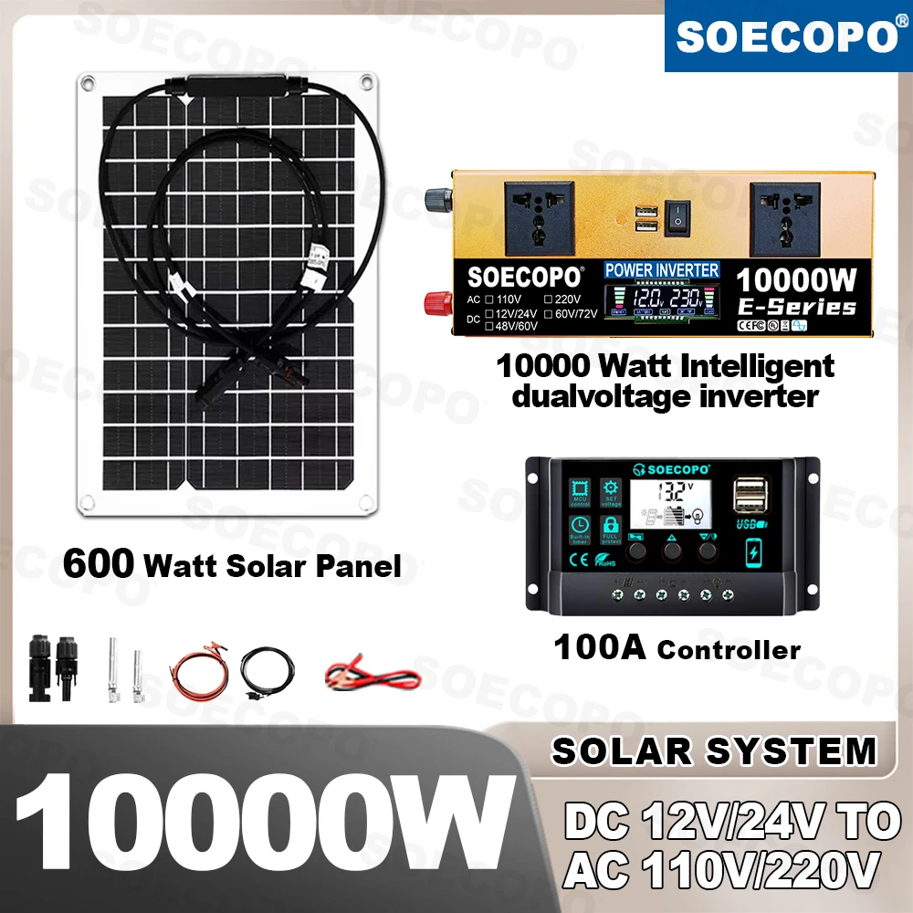 

Комплект солнечной энергии с двойным напряжением 10000 Вт (пиковая мощность), инвертор для работы холодильника и телевизора, панель + контроллер 100А, DC 12/24В в 110В/220В, номинальная мощность 1100 Вт