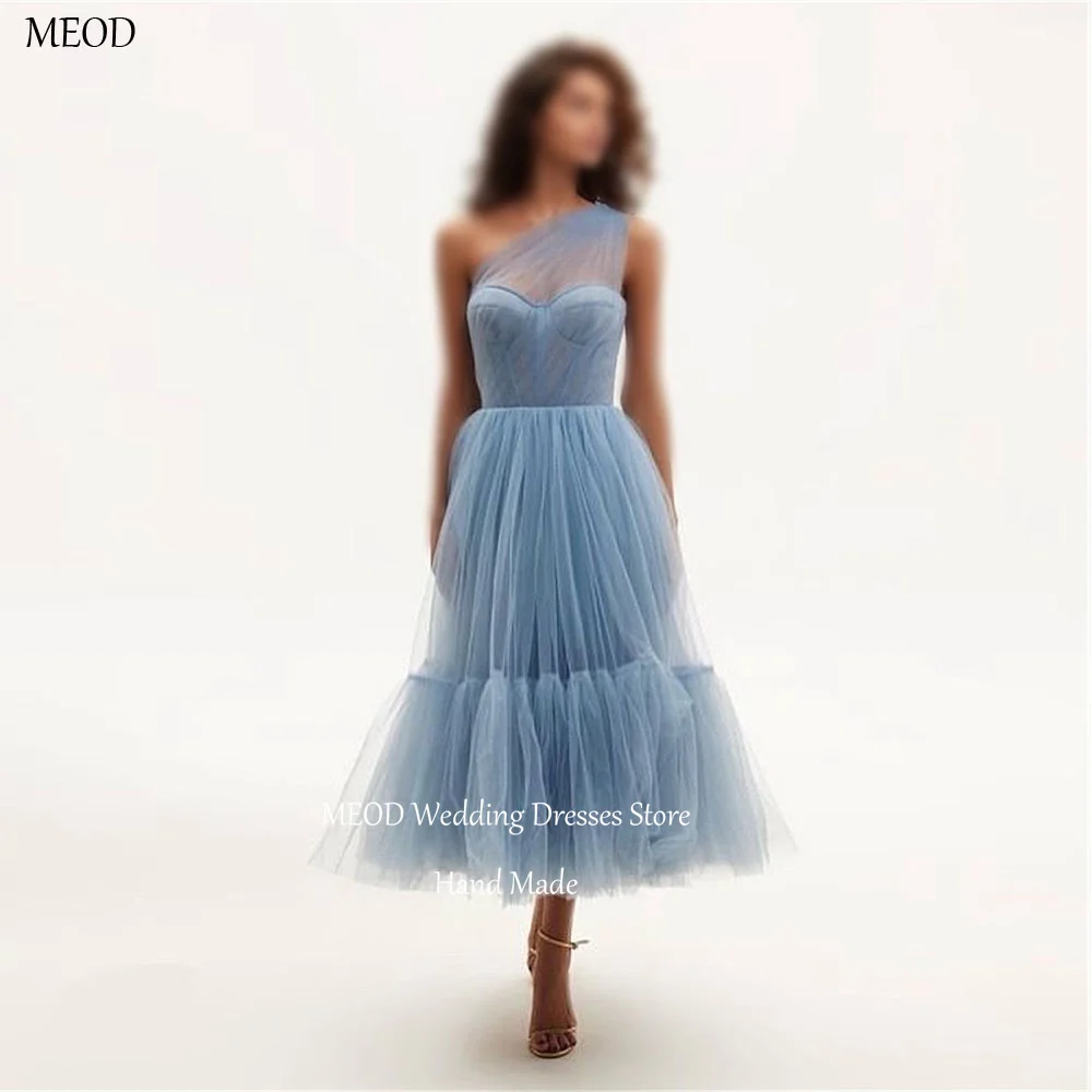MEOD Tulle A Line Evening Dresses Scalloped Sweetheart Formal Prom Gowns Sleeveless One Shoulder Tea Length Dress Customized