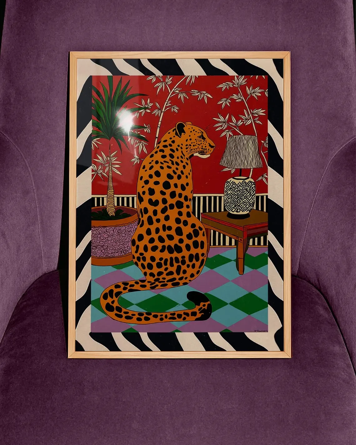 Retro Maximalist Leopard Wall Art - Bold Graphic Print of a Leopard in a Colorful, Pattern-Filled Room, with Rich Hues of Red, G
