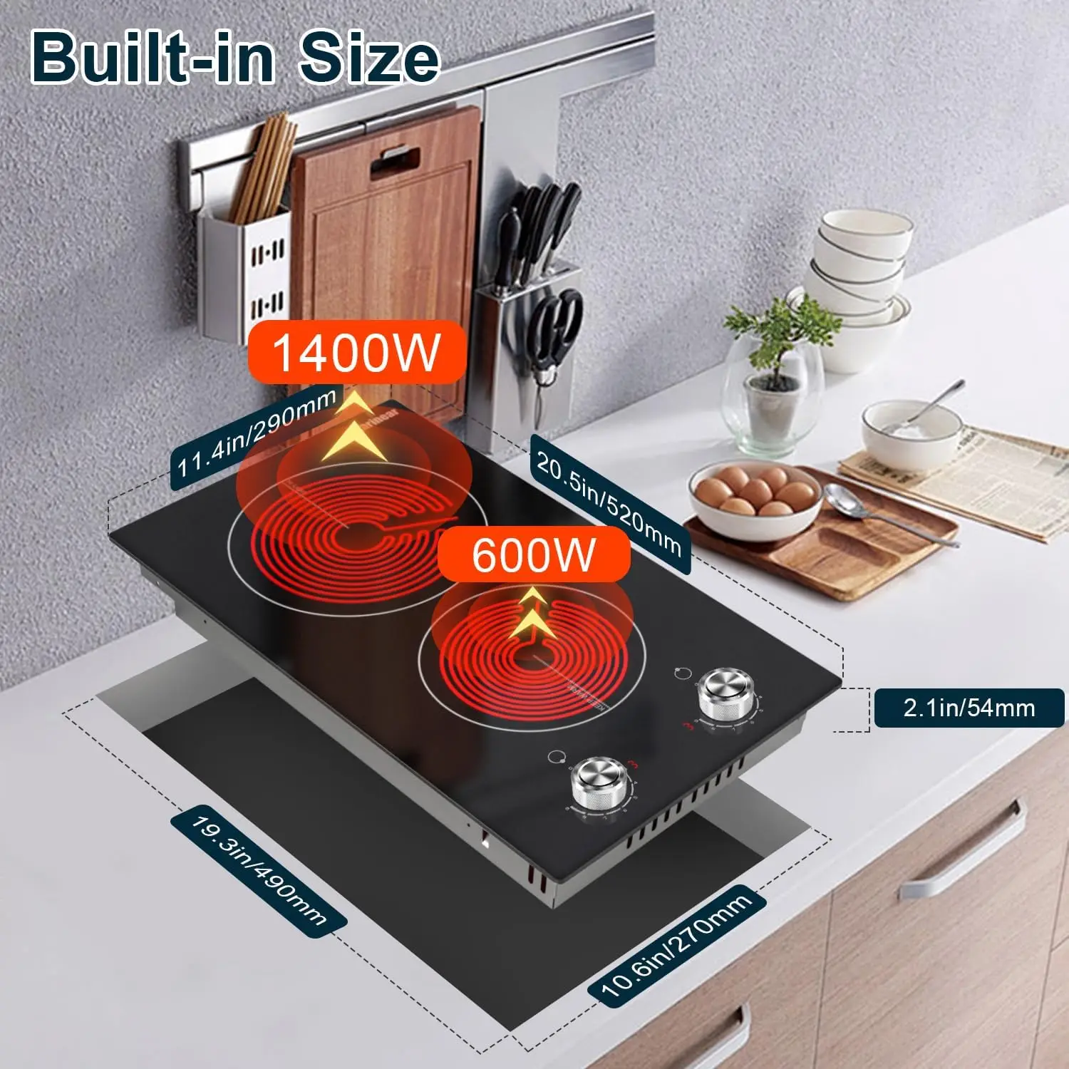 110v Electric Cooktop 2 Burners, 12'' Electric Stove Top Plug in