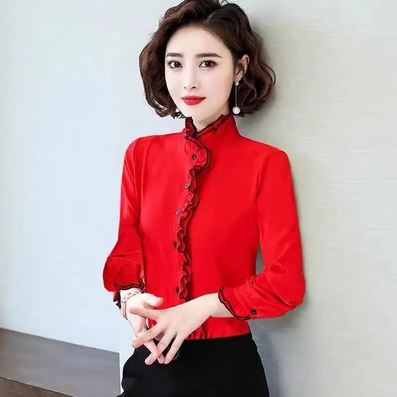 Fashion Pleated All-match Blouse Spring Autumn New Long Sleeve Solid Color Office Youth Shirt Tops Vintage Elegant Women Clothes