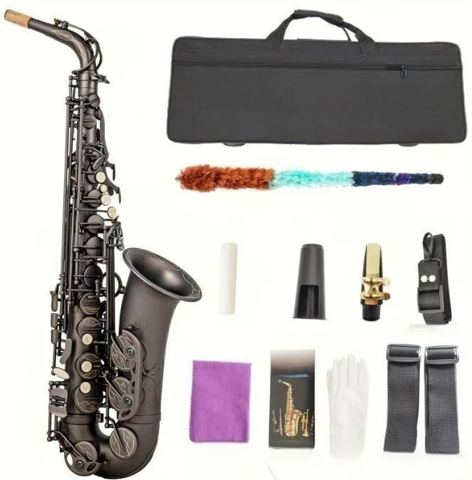 Eb Flat Alto Saxophone Matte Black Nickel Satin Lacquer Engraved Pattern Professional Brass Wind Instrument With Case