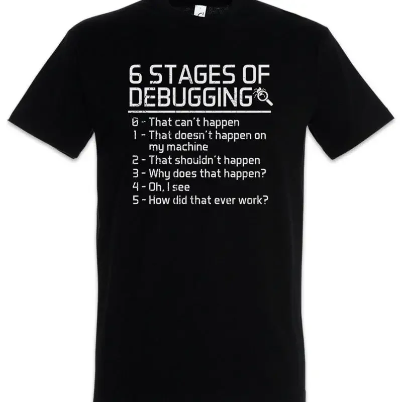 6 Stages of Debugging T Shirt Fun Geek Nerd Computer Scientist Programmer Admin