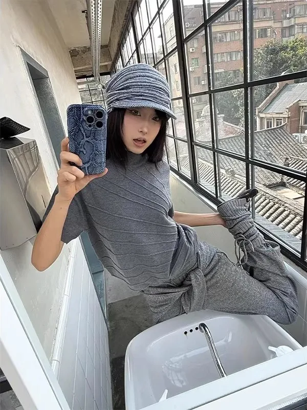 

Легкая шерстяная вязаная футболка в американском стиле с дышащей вязкой, средним воротом, коротким рукавом, унисекс, для пар, топ с коротким рукавом